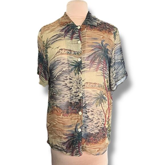 Vintage 90s Citron Santa Monica Top Silk Tropical Scenic Blouse Semi Sheer Shirt - Picture 2 of 11